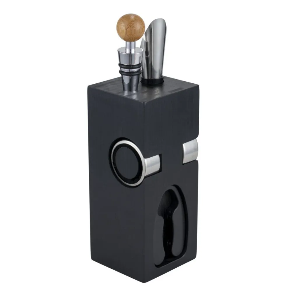 Accessoire à vin 6 pièces avec support en bois noir 6x6xH16cm