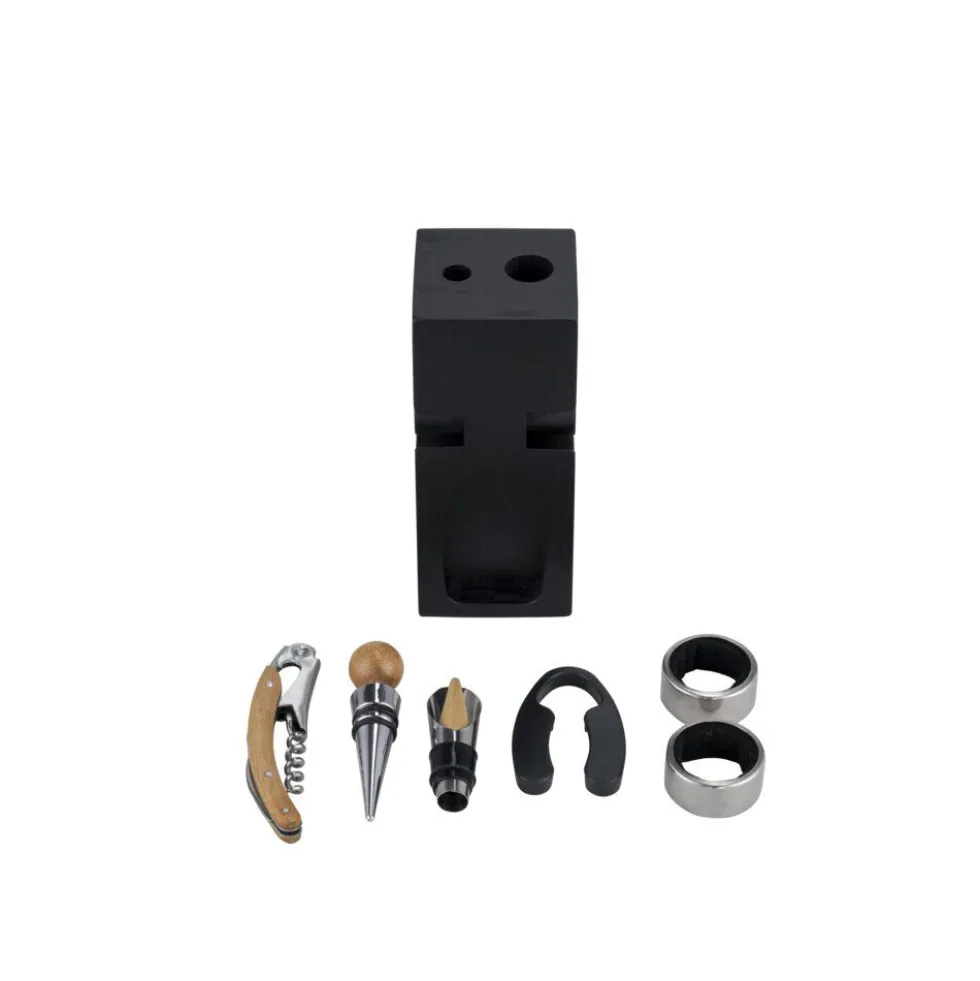 Accessoire à vin 6 pièces avec support en bois noir 6x6xH16cm