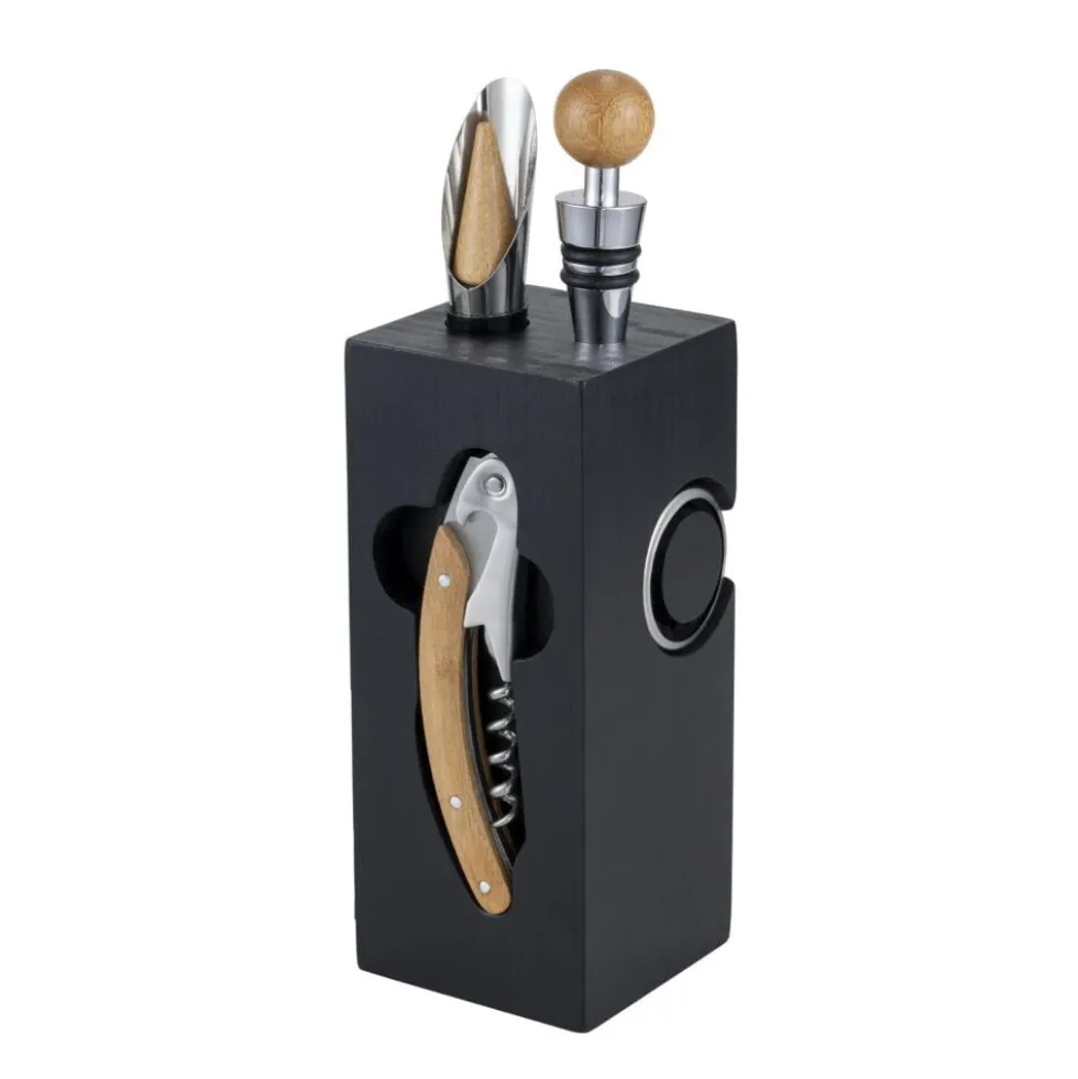 Accessoire à vin 6 pièces avec support en bois noir 6x6xH16cm