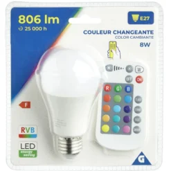 Ampoule LED E27 A60 couleurs changeantes avec télécommande 806lms
