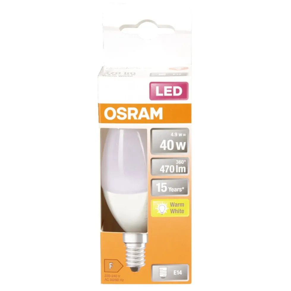 Ampoule LED E14 C35 blanc chaud Osram 4,9W=40W 470lms classe F