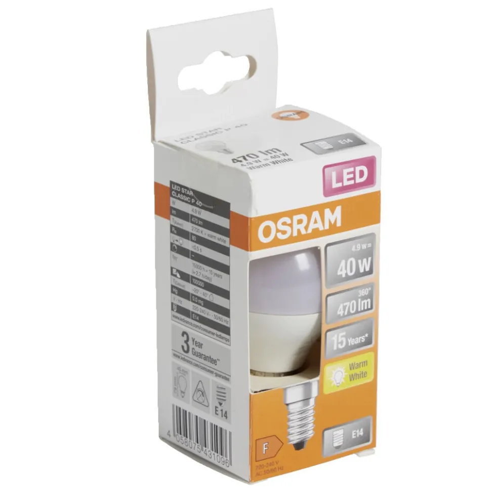 Ampoule LED E14 G45 blanc chaud Osram 4,9W=40W 470lms classe F