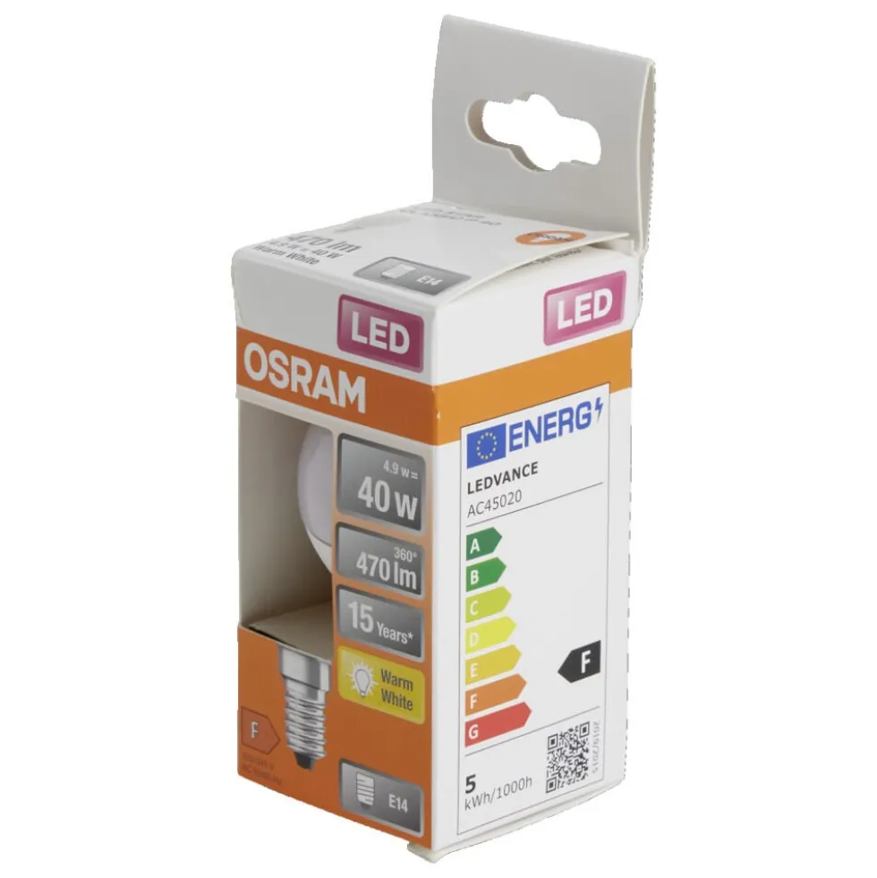 Ampoule LED E14 G45 blanc chaud Osram 4,9W=40W 470lms classe F