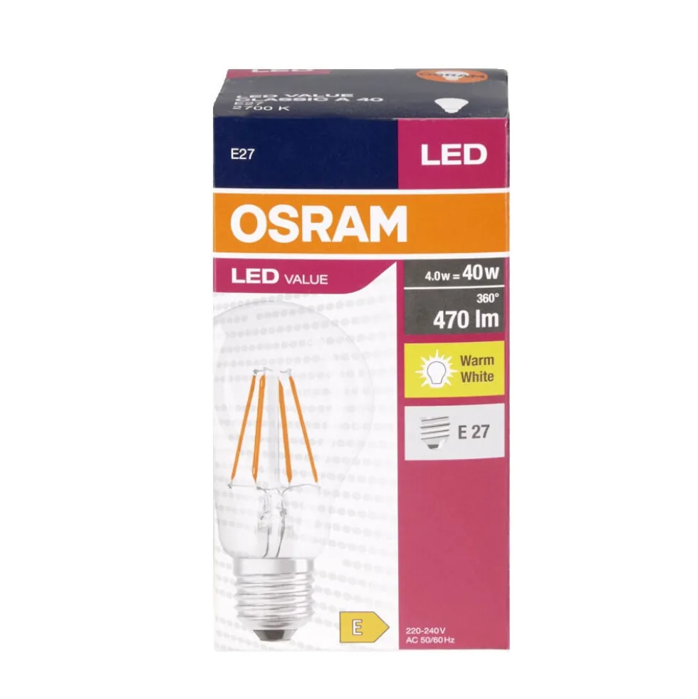 Ampoule LED filament E27 A60 blanc chaud Osram 4W=40W 470lms classe E