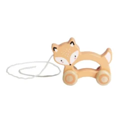 Animal à roulettes renard en bois orange H12cm