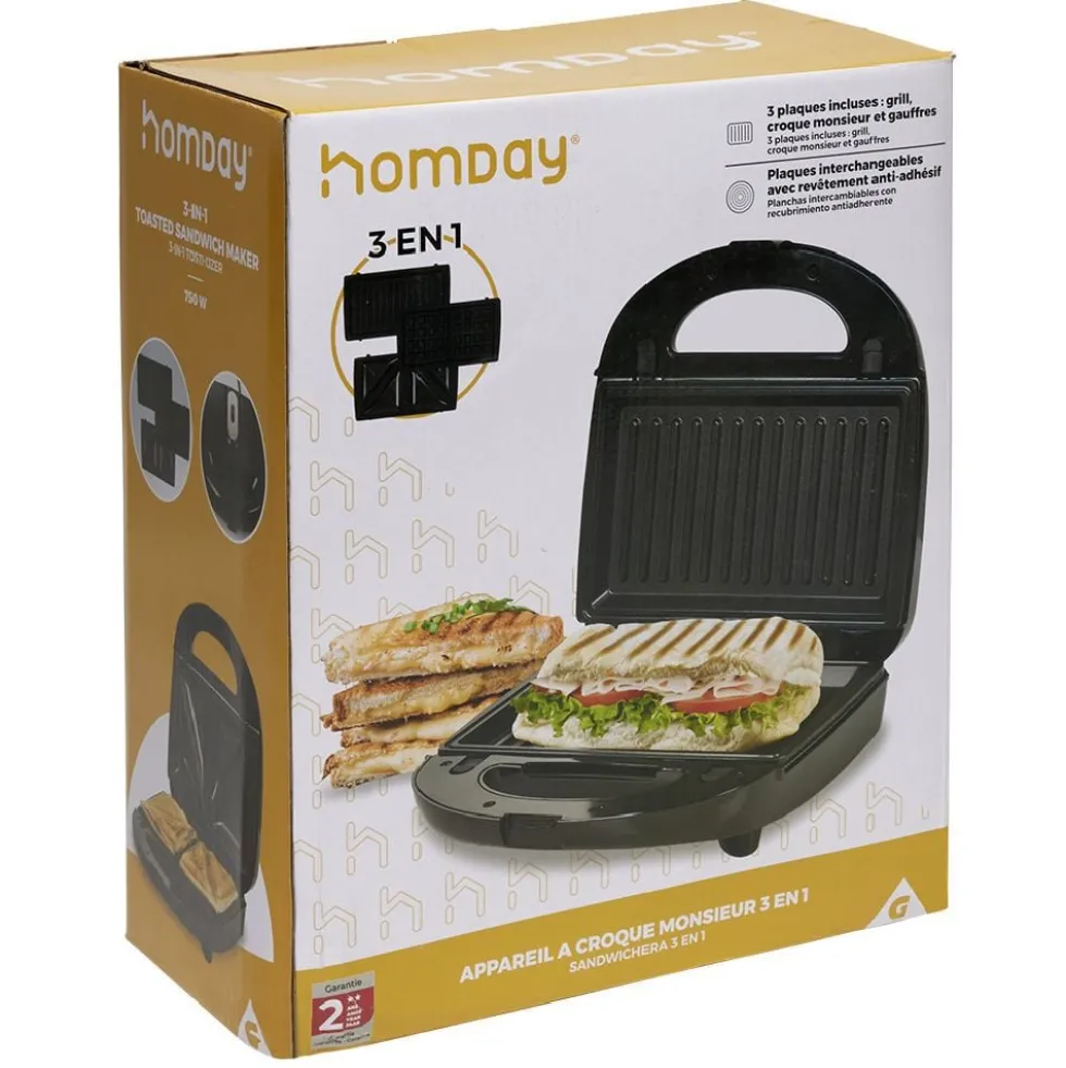 Appareil à croque monsieur 3en1 gaufre et grill 750W