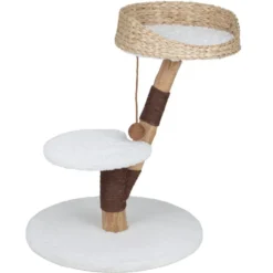Arbre à chat branche bois 2 niveaux avec panier tressé beige et blanc 68x50xH64cm