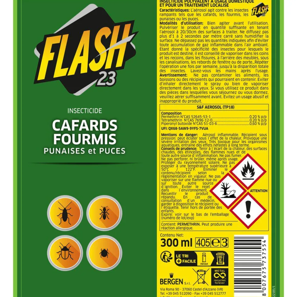 Aérosol anti rampants Flash23 cafards fourmis punaises puces 300ml