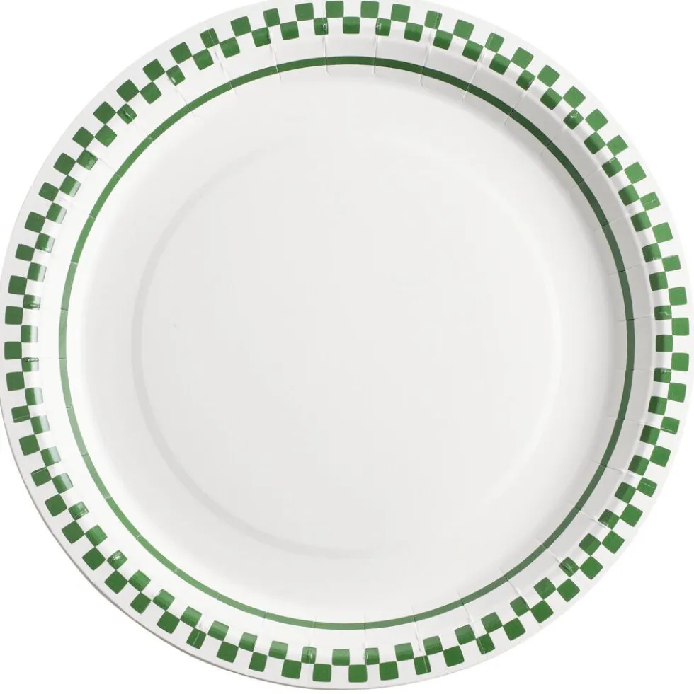 Assiette carton x8 blanc contour quadrillage vert et blanc Ø23cm
