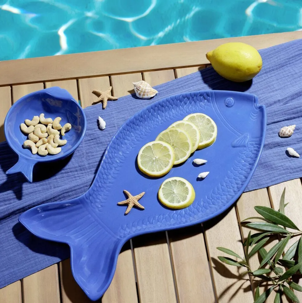 Assiette de présentation forme poisson céramique bleu 20x41cm