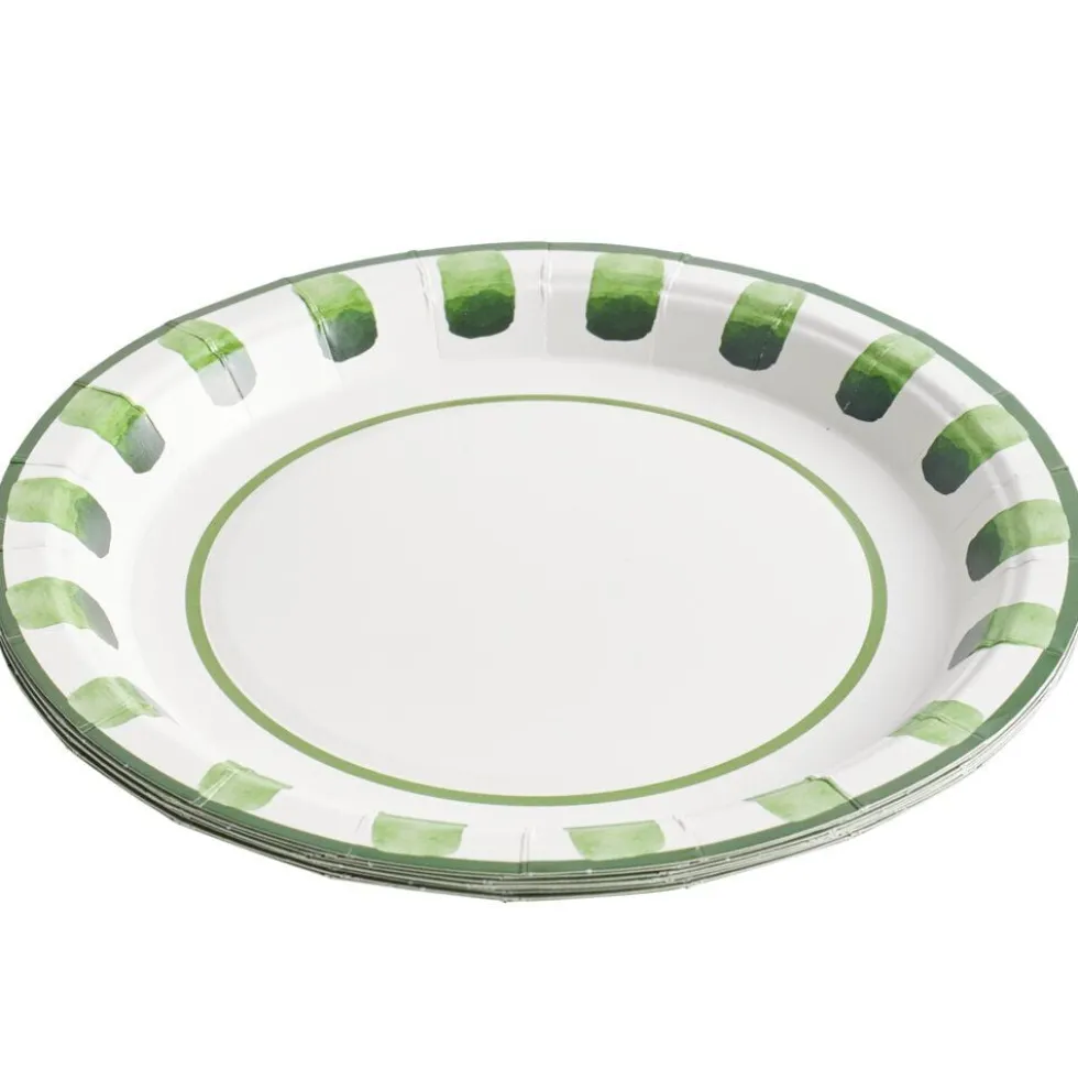 Assiette à dessert carton x8 blanc contour motif vert Ø18cm