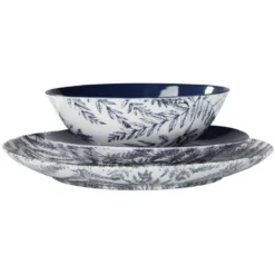 Assiette à dessert ronde motif feuillage bleu et blanc Ø20.5cm