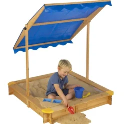 Bac à sable avec toit inclinable en bois et toile bleue 118x118xH118cm