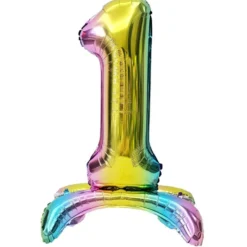 Ballon chiffre 1 avec support aluminium arc-en-ciel 51xH81cm