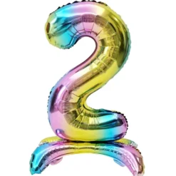 Ballon chiffre 2 avec support aluminium arc-en-ciel 51xH81cm