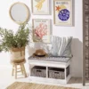 Banc de rangement bois blanc avec 2 panières osier et tissu rayé noir 70x35xH40cm