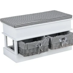 Banc de rangement bois blanc avec 2 panières osier et tissu rayé noir 70x35xH40cm