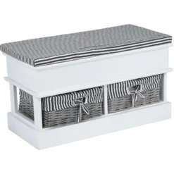 Banc de rangement bois blanc avec 2 panières osier et tissu rayé noir 70x35xH40cm