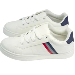 Baskets unisexe simili blanc rayures rouges et bleues T39