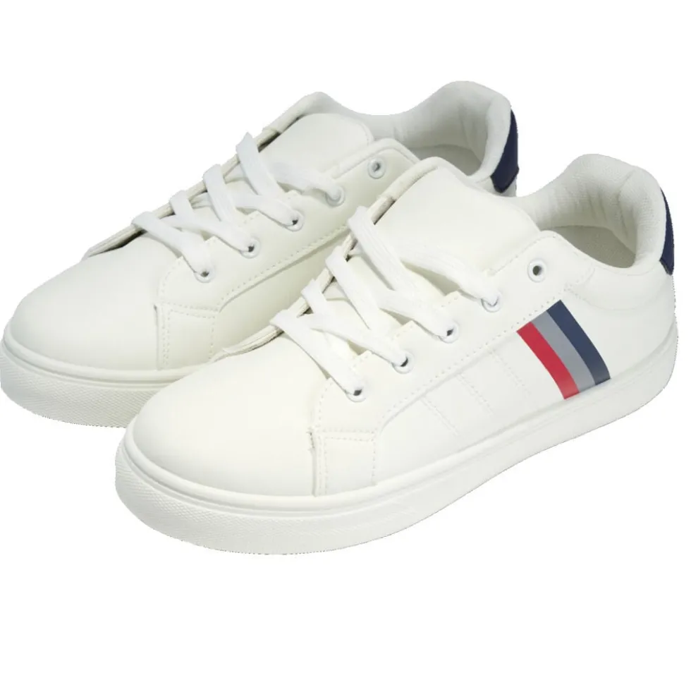 Baskets unisexe simili blanc rayures rouges et bleues T37