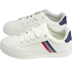 Baskets unisexe simili blanc rayures rouges et bleues T42