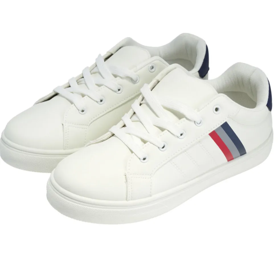 Baskets unisexe simili blanc rayures rouges et bleues T42