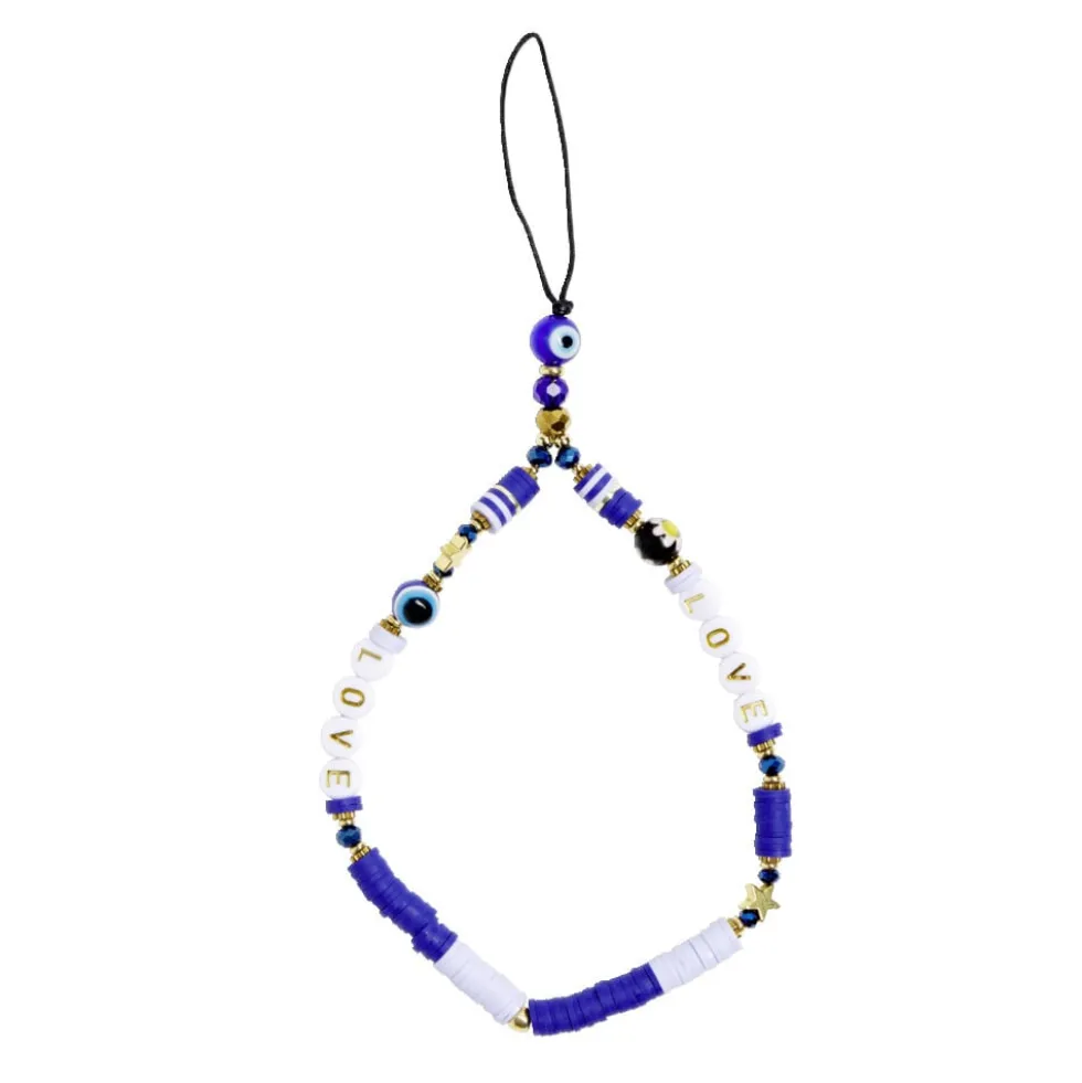 Bijou de téléphone perles doré blanc bleu L17cm