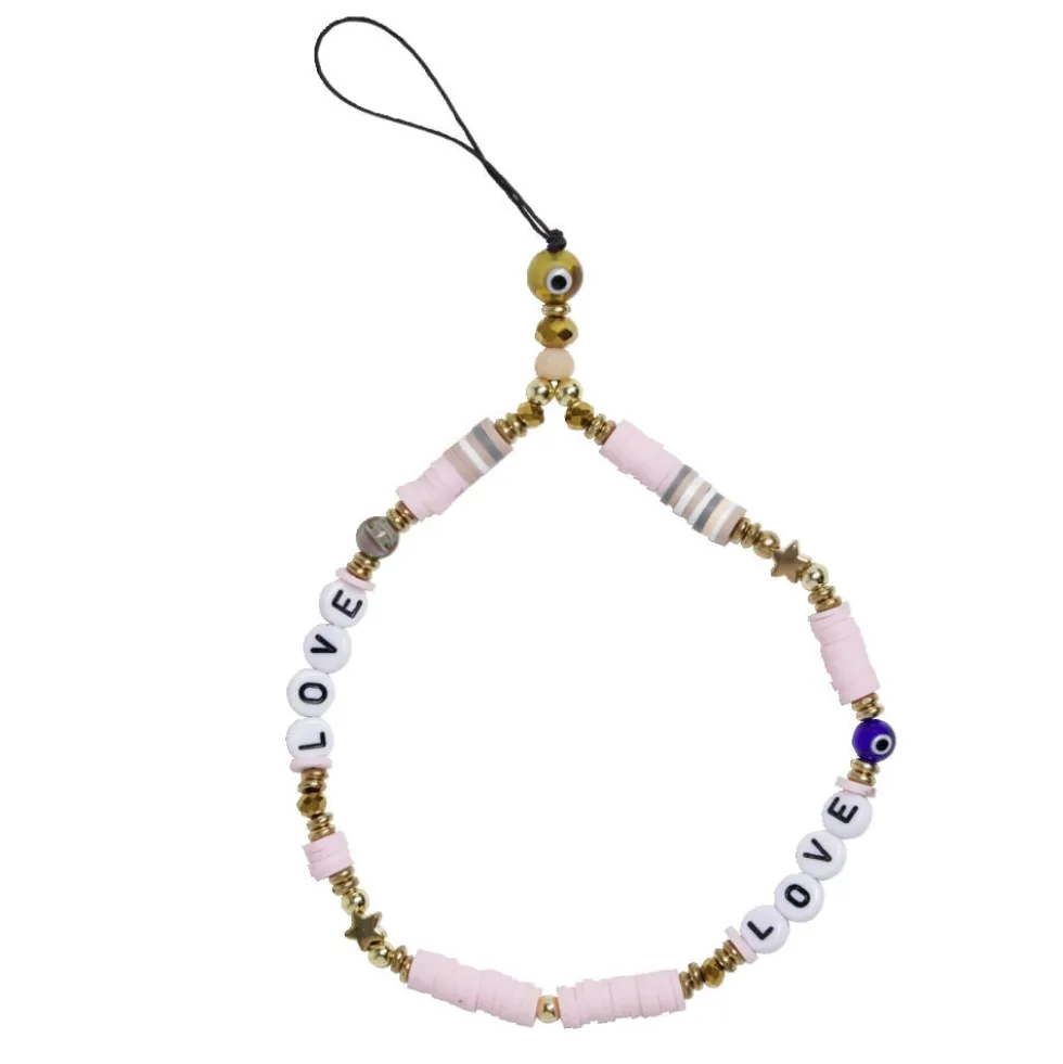 Bijou de téléphone perles doré blanc rose L17cm
