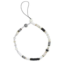 Bijou de téléphone perles doré blanc noir L17cm