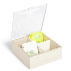 Boîte bois et métal beige et blanc motif arbre 16x16x6cm