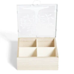 Boîte bois et métal beige et blanc motif arbre 16x16x6cm