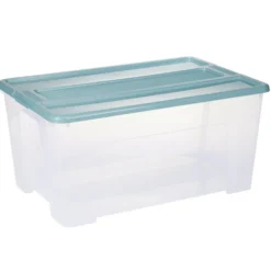 Boîte de rangement 48L plastique transparent couvercle bleu 57x38xH27cm