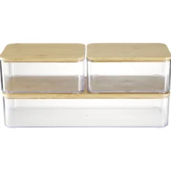 Boîte de rangement x3 plastique transparent couvercle bambou