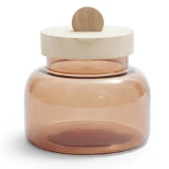 Boîte en verre marron + couvercle bois Ø12xH16cm