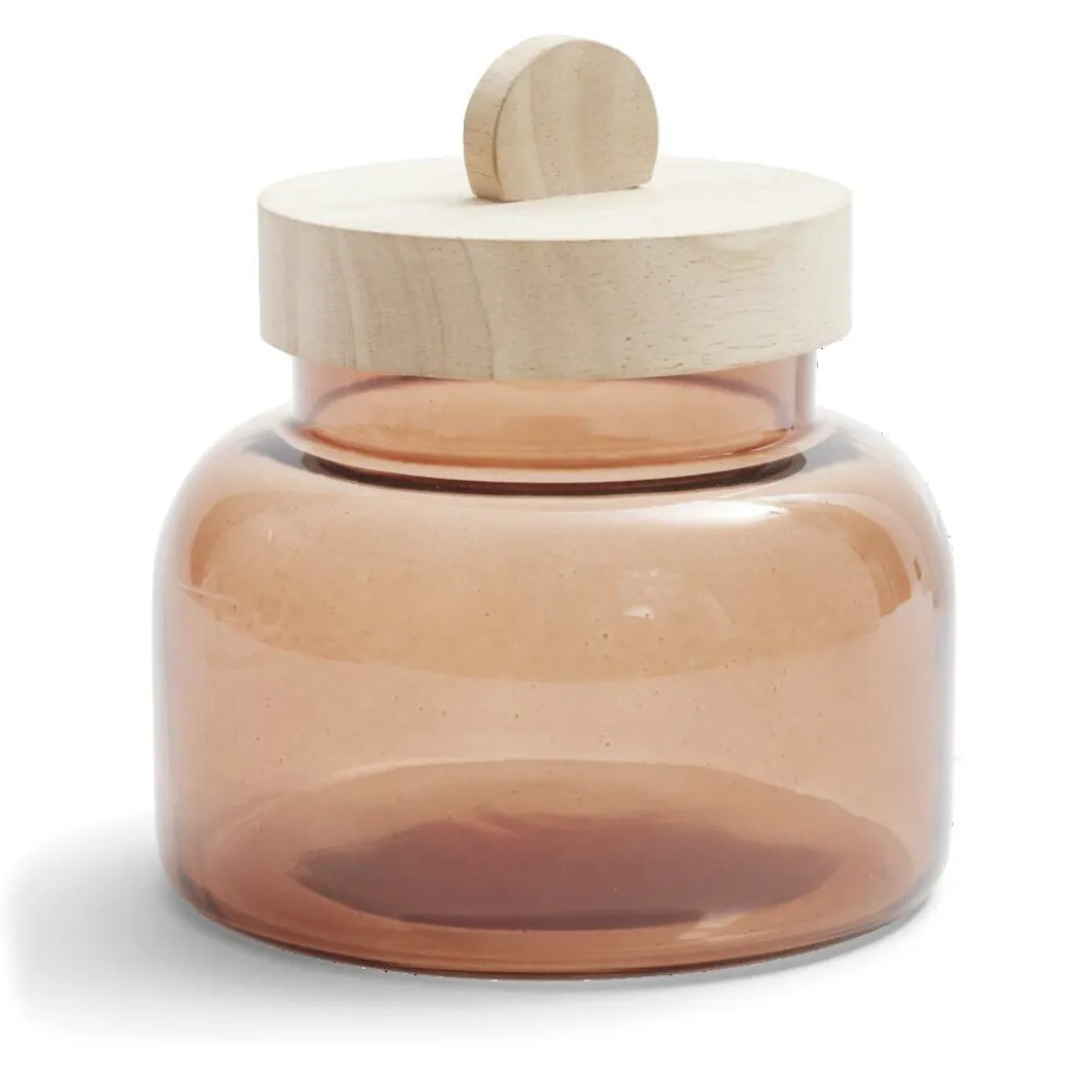 Boîte en verre marron + couvercle bois Ø12xH16cm