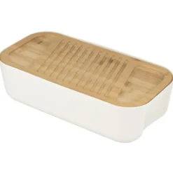 Boîte à pain 6L plastique blanc planche bambou avec couteau et sac tissu coton