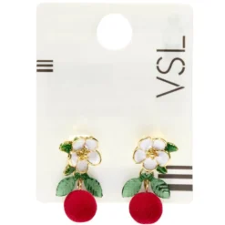 Boucles d'oreilles fleur blanche et dorée avec cerise rouge pendante