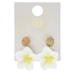 Boucles d'oreilles fleur de tiaré blanche et jaune bouton métal doré L5cm