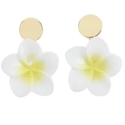 Boucles d'oreilles fleur de tiaré blanche et jaune bouton métal doré L5cm