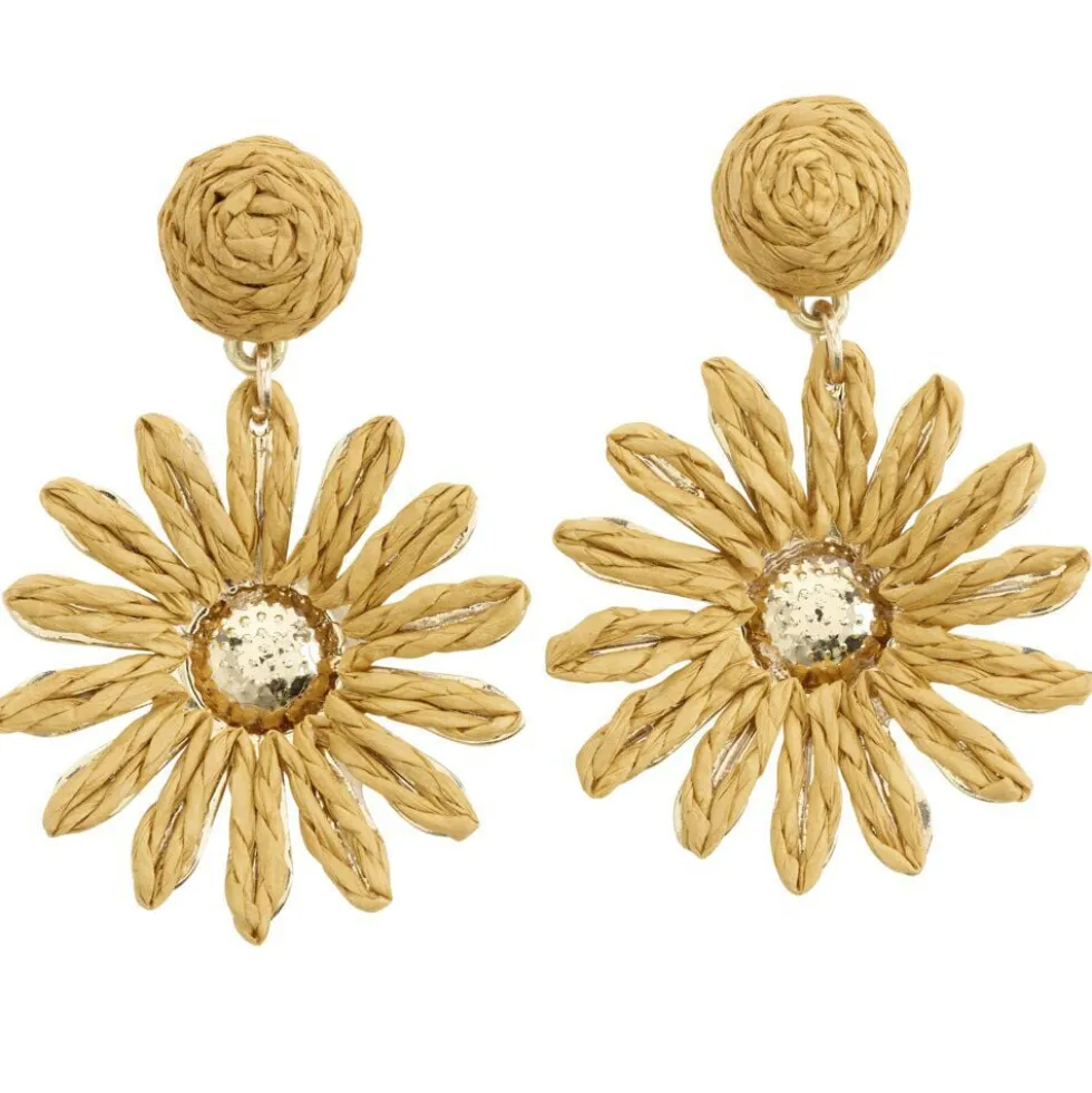 Boucles d'oreilles fleur raphia marron L5cm