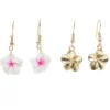 Boucles d'oreilles 2 paires fleur de tiaré rose et blanc métal doré L2,5cm