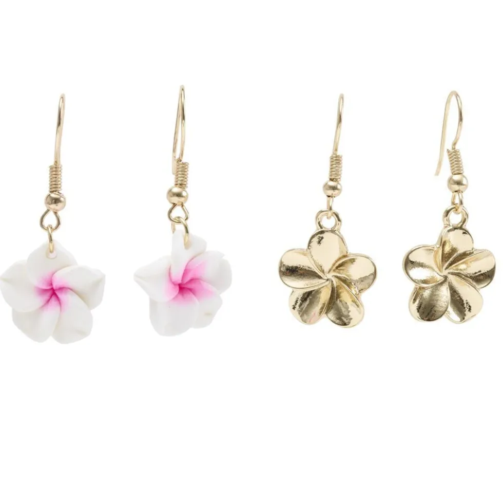 Boucles d'oreilles 2 paires fleur de tiaré rose et blanc métal doré L2,5cm