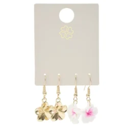 Boucles d'oreilles 2 paires fleur de tiaré rose et blanc métal doré L2,5cm