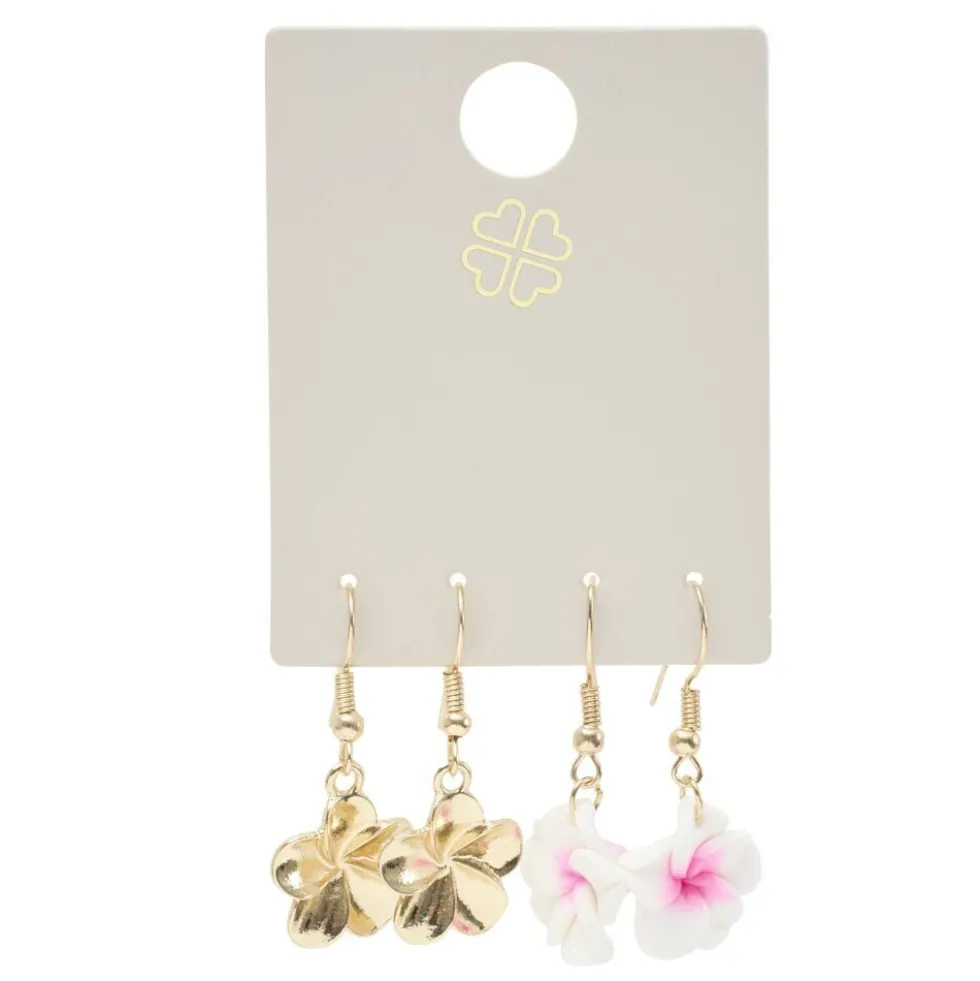 Boucles d'oreilles 2 paires fleur de tiaré rose et blanc métal doré L2,5cm