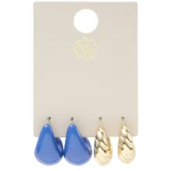 Boucles d'oreilles 2 paires goutte bleu et métal doré L2,5cm