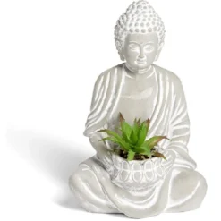 Bouddha en ciment avec plante artificielle H12,3cm