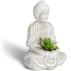 Bouddha en ciment avec plante artificielle H12,3cm