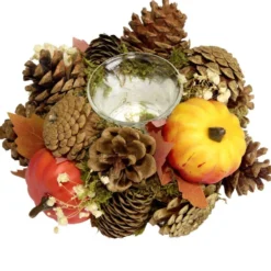 Bougeoir automne déco mini citrouilles feuillage et pommes de pin Ø19xH7,5cm