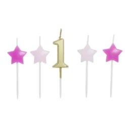 Bougie anniversaire chiffre 1 doré avec bougies étoiles roses
