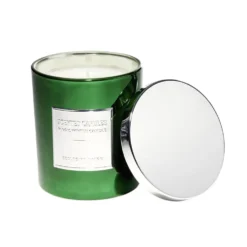 Bougie avec couvercle pot métallisé gris et vert senteur sapin 25H